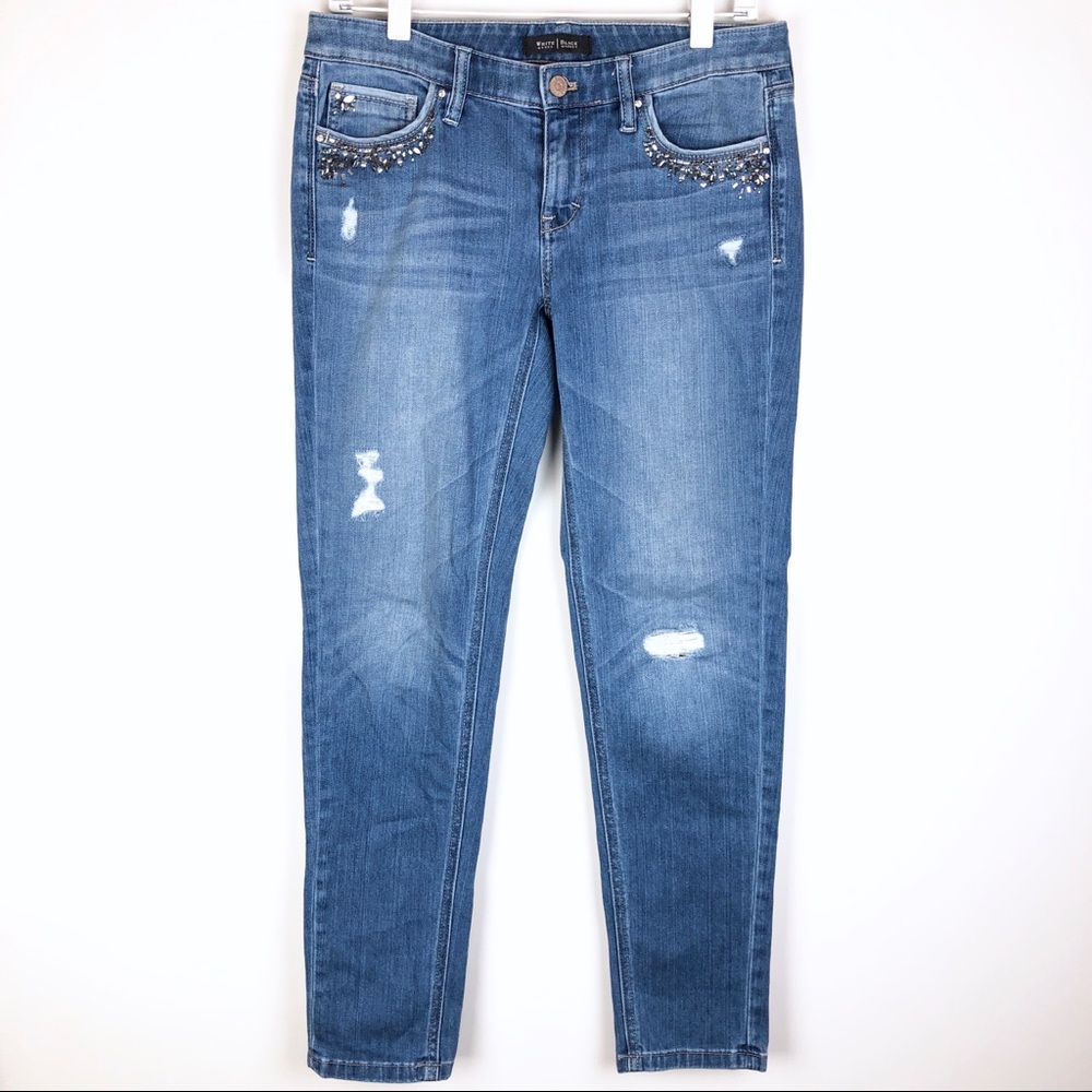 WHBM Distressed Rhinestone Pocket Skinny Jeans 2 - Picture 1 of 5
